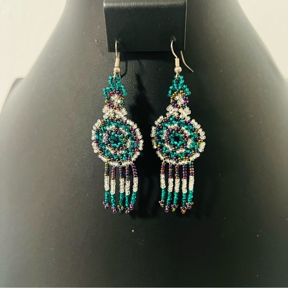 Navajo Style Seed Bead Handmade Earrings Dangle Multicolor Western Boho - Picture 3 of 3